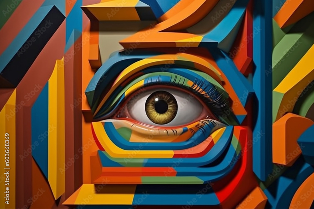 Poster  digital artwork utilizing optical illusions and geometric distortions, challenging the viewer's perception Generative AI technology.