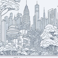 Outline Illustration of modern, sustainable, big city with a lots of trees and plants growing between skyscrapers and buildings. Created with generative AI.