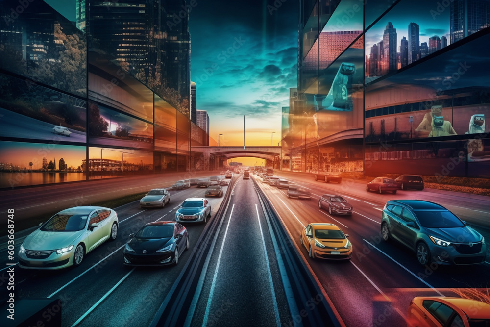 Poster application of artificial intelligence in various industries, such as healthcare, finance, and transportation, highlighting its transformative impact. Generative AI technology.