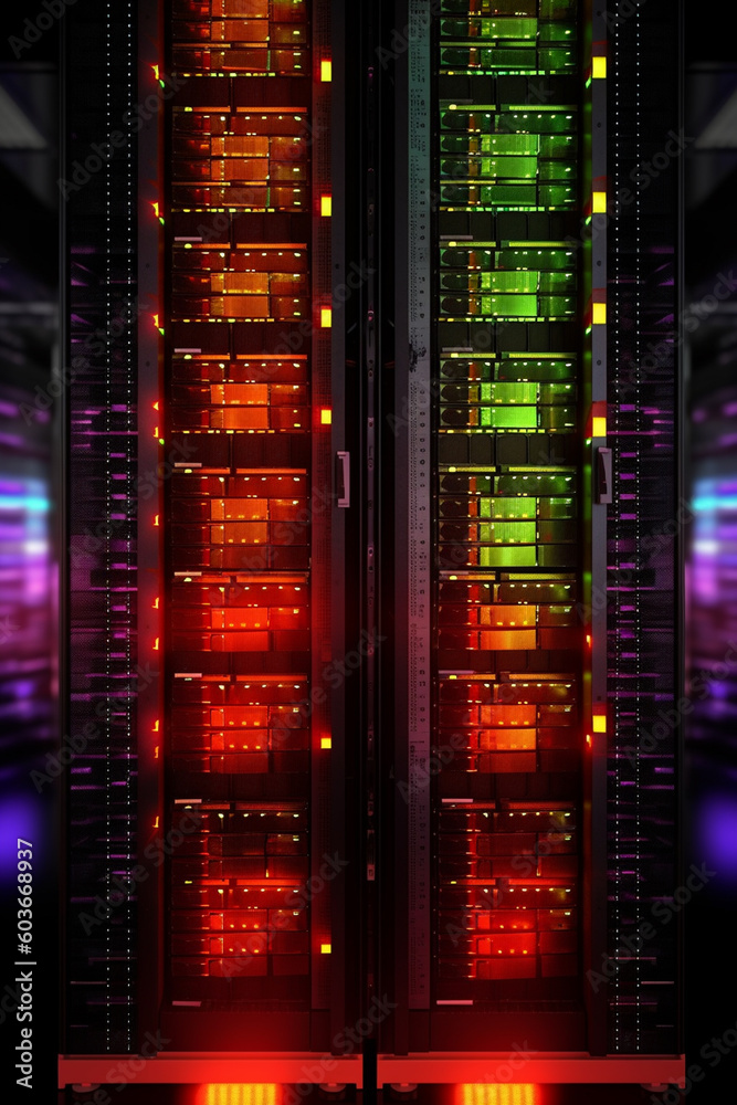 Poster modern database server rack with rows of neatly organized servers, featuring a sleek design and blin