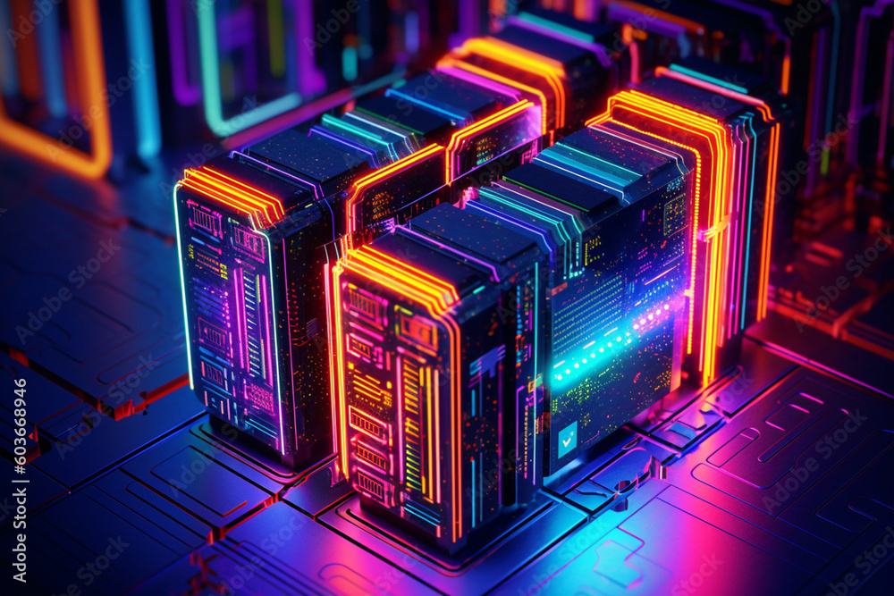 Poster futuristic representation of a database server, with vibrant colors and abstract geometric patterns.