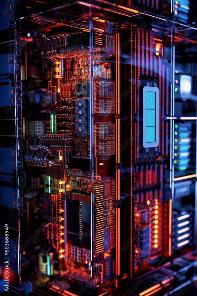 Poster a close-up image highlighting the intricate circuitry and cooling systems of a high-performance data