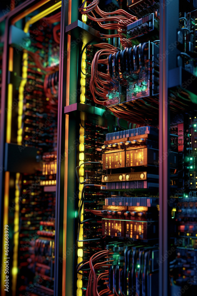 Poster a close-up image highlighting the intricate circuitry and cooling systems of a high-performance data