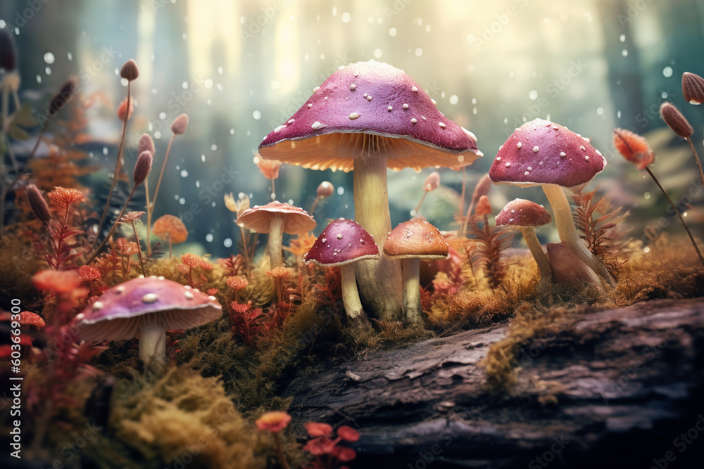 Poster a watercolor painting of a forest floor covered in an assortment of mushrooms, capturing the enchant