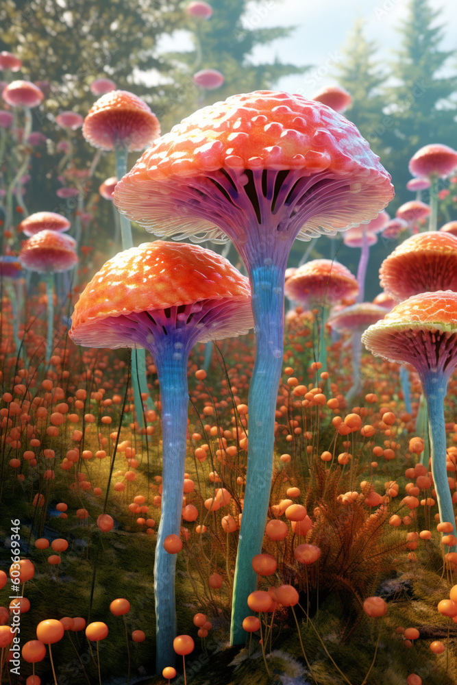 Fototapete  A digital rendering of a mushroom garden, with mushrooms of various sizes and colors arranged in a visually pleasing pattern,  Generative AI technology.