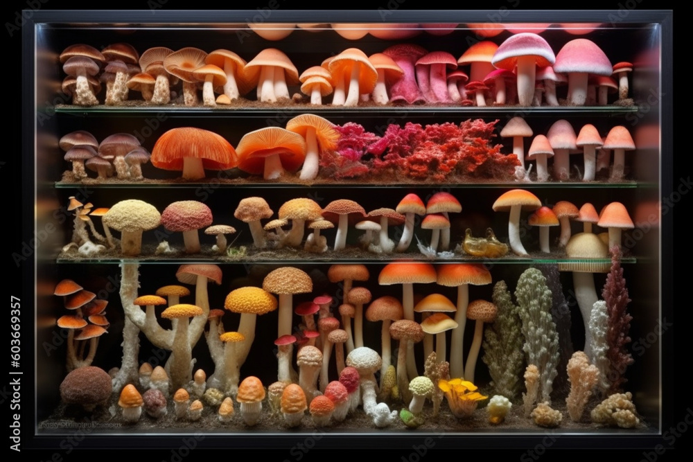 Poster  A mixed media artwork incorporating real mushroom specimens into the composition, creating a tactile and dimensional visual experience.  Generative AI technology.