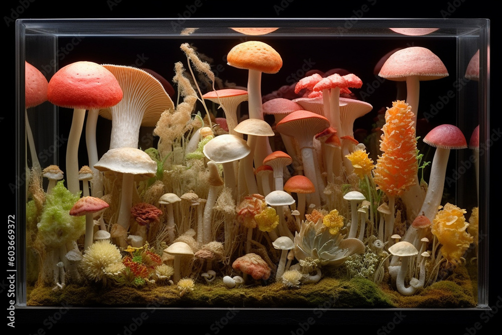 Poster  A mixed media artwork incorporating real mushroom specimens into the composition, creating a tactile and dimensional visual experience.  Generative AI technology.