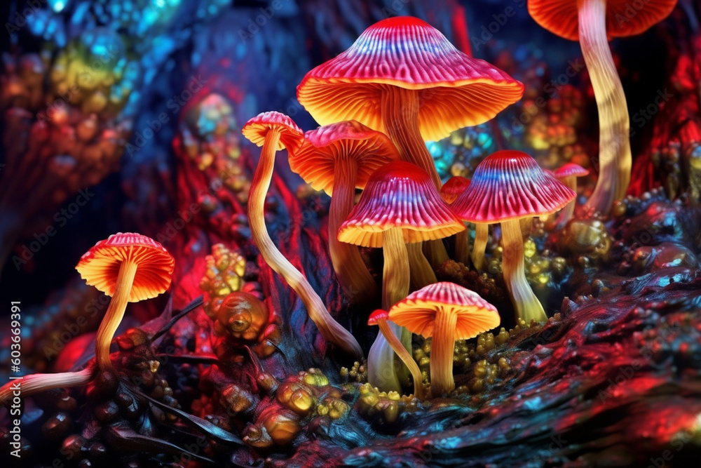Poster a digital rendering of psychedelic mushrooms, with vibrant and surreal colors, representing their ha