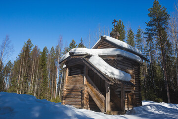 Small wooden church in Malye Korely architecture museum, Arkhangelsk region, Russia