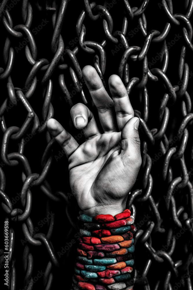 Poster a black and white photograph of a person's hand reaching out from behind a lattice of chains, genera