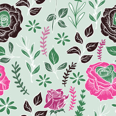 Botanical seamless floral pattern of flowers and leaves with black, pink, and green floral elements on a light background