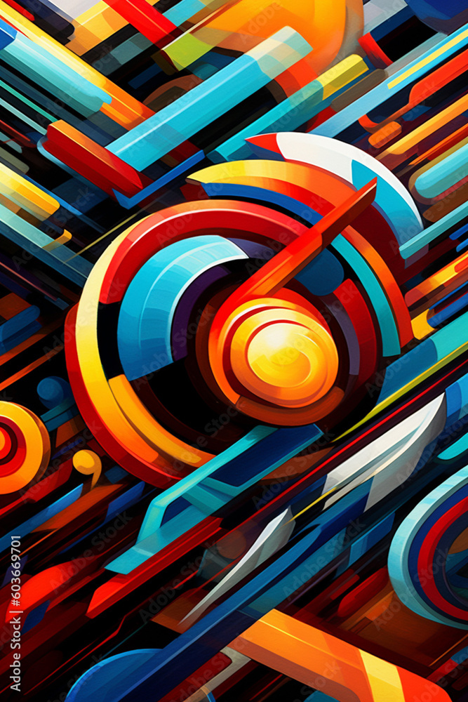 Poster an abstract painting featuring bold geometric shapes and vibrant colors, representing the energy and