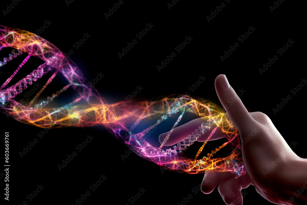 Aufkleber a composite image combining a dna strand and a human hand, merging science and touch to symbolize ge
