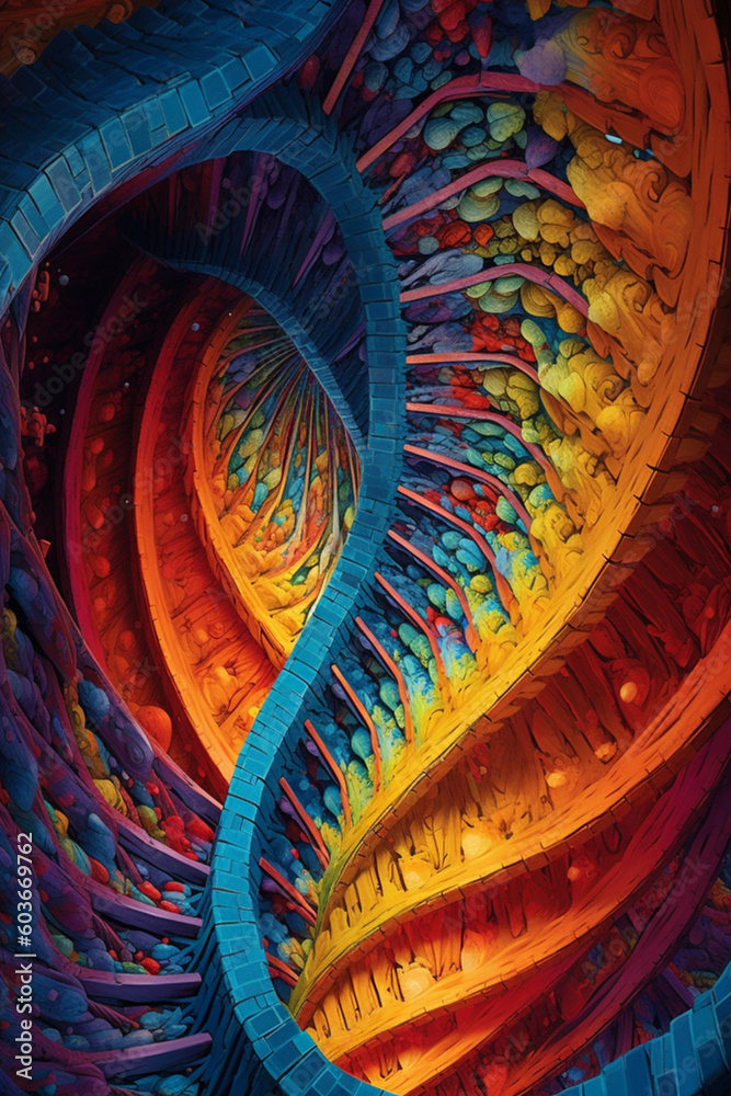 Aufkleber an abstract painting featuring swirling patterns and vibrant colors resembling a dna molecule, repre