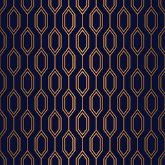 Seamless luxury  pattern  with golden hexagon grid line on blue  background, vector illustration.