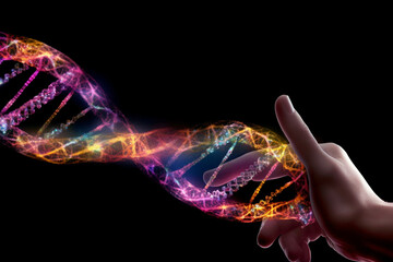 Fototapeta na wymiar A composite image combining a DNA strand and a human hand, merging science and touch to symbolize Generative AI technology.