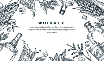 Whiskey tasting banner, poster, party flyer. Vector sketch frame illustration of whisky or brandy bottle, glasses, corn - 603669787