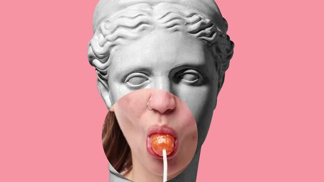 Stop motion, animation. Antique statue bust with female mouth part eating lollipop on pink background. Modern design. Contemporary art. Concept of creativity, emotions, humor, fun. Copy space for text