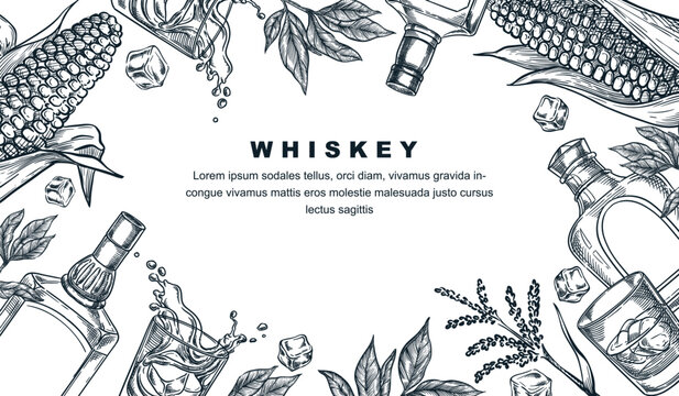 Whiskey tasting banner, poster, party flyer. Vector sketch frame illustration of whisky or brandy bottle, glasses, corn