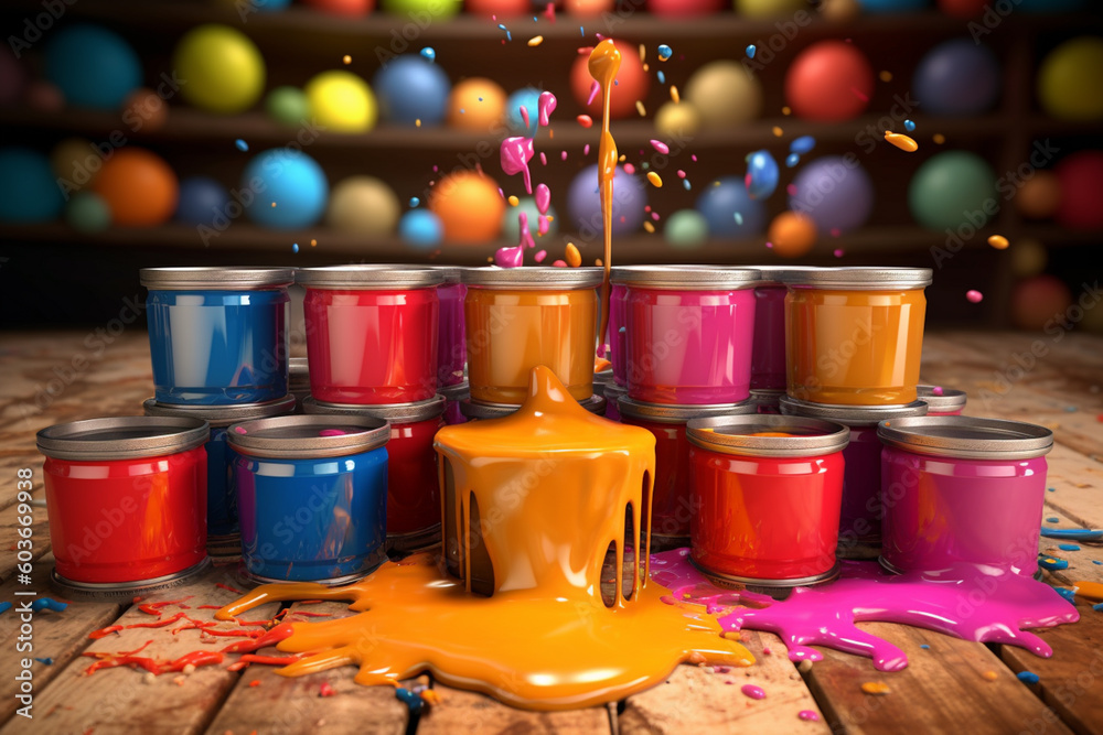 Poster an artistic illustration of paint cans being poured onto a canvas, with the colors blending generati