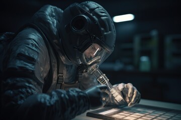 A military scientist prepares an advanced bio weapon in a secret military laboratory 