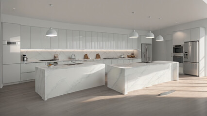 Plakat modern minimalist kitchen, wood floor, white marble counter tops, minimalist interior