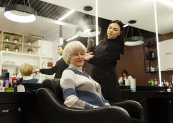 Portrait of an elderly woman visiting a professional hairdresser. An experienced hairdresser does hair styling for a client.