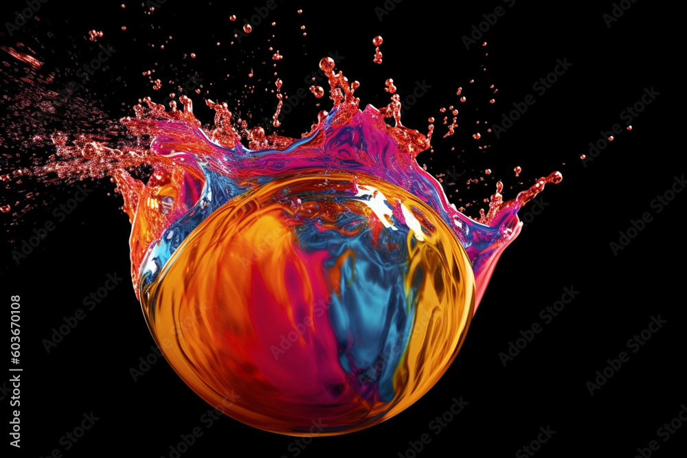 Poster a close-up photograph of a bursting water balloon filled with colored water, capturing the moment of