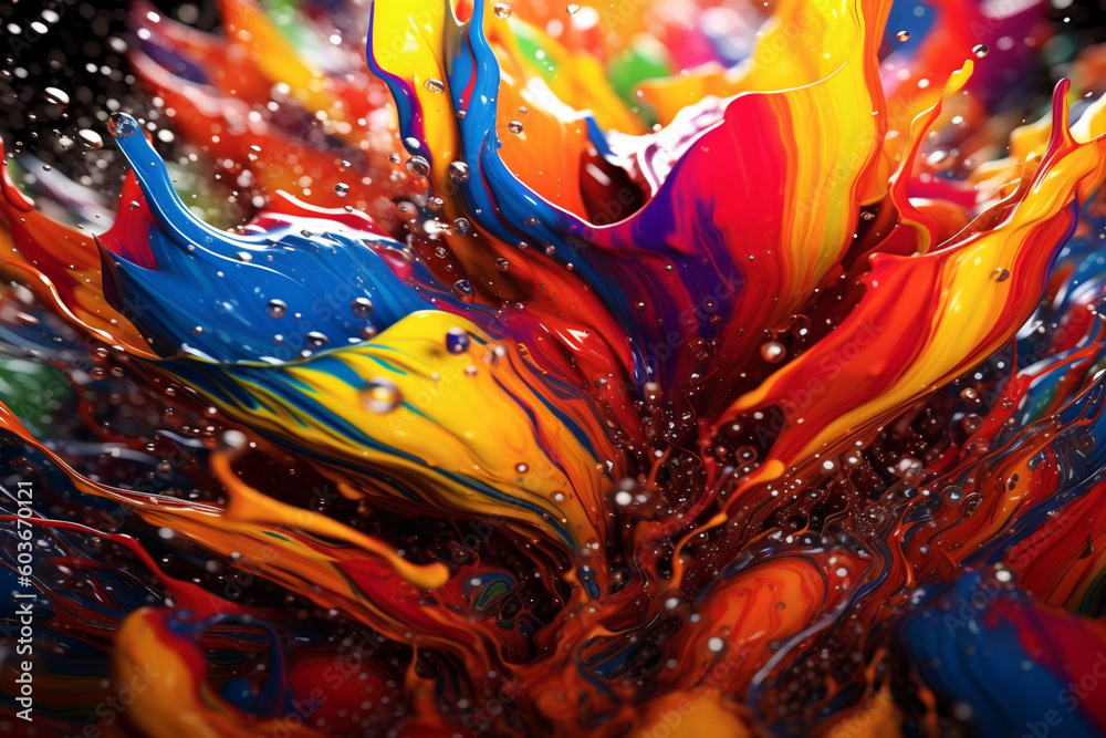 Poster  A digital artwork featuring a mix of colorful paints swirling and splashing together, creating a visually dynamic and expressive composition.  Generative AI technology.