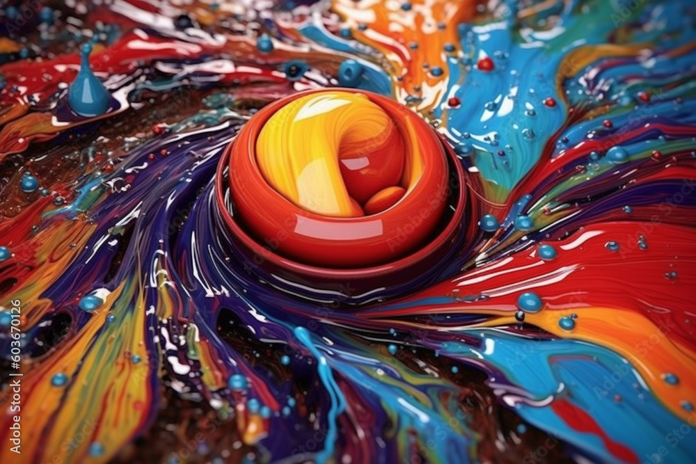 Poster  A digital artwork featuring a mix of colorful paints swirling and splashing together, creating a visually dynamic and expressive composition.  Generative AI technology.