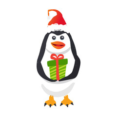 Cute Vector Penguin Wearing Santa Hat Bringing A Present