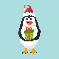 Cute Vector Penguin Wearing Santa Hat Bringing A Present