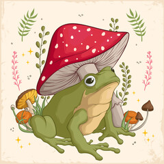 Hand drawn Cottagecore Aesthetic Goblincore Frog with Mushrooms and plants, Cottage core style frog