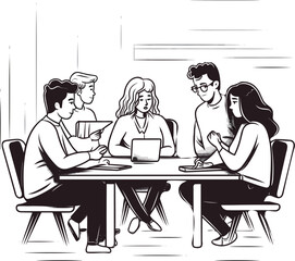 Line art with people meeting.