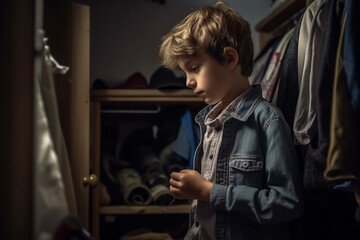 Fototapeta na wymiar a little school-aged boy standing in a dressing room or by a closet of clothes at home, dramatic light and shadows, created with Generative AI Technology