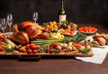 Holiday Family Roast Table with a Trays of Roast Turkey with a Garnish of Vegetables on a Perfect Table with Wood Dark Veneer 