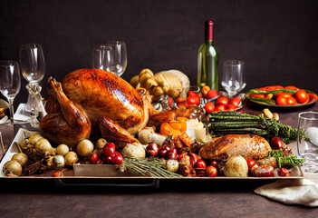 Holiday Family Roast Table with a Tray of Roast Turkey with a Garnish of Vegetables on a Perfect Table with Wood Dark Veneer