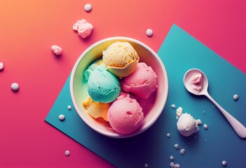 Ice Cream Four Colored Balls in Porcelan Cup on Colorful Background Shooted on Top View 
