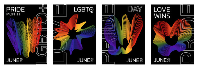 Set of abstract posters with rainbow. Wall decor, art print with LGBT rainbow  symbol.Love is love concept. Pride patterns. Vector illustration.