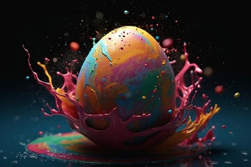 Colored Easter egg in splashes. Generative AI.