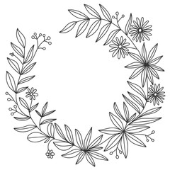 Hand drawn floral frames with flowers, branch and leaves. Wreath. Vector illustration for labels, wedding invitation