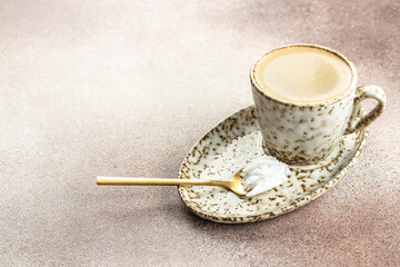 bulletproof coffee with MCT coconut oil, paleo, keto, ketogenic drink breakfast. place for text, top view