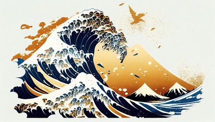 Fuji swaying in the yellow and blue waves of a traditional Japanese ukiyoe is a force of nature in the distance Abstract, Elegant and Modern AI-generated illustration