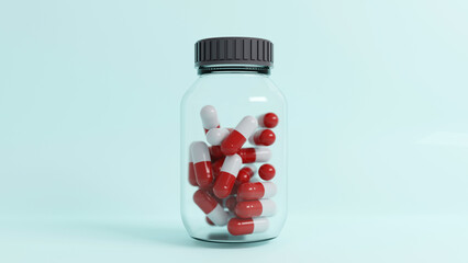 3d rendering of the capsule in glass pill bottle on color background, health care concept