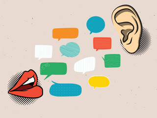 Communication concept - lips and ear. Speaking and listening. Vector illustration - obrazy, fototapety, plakaty