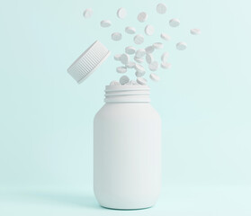 3d rendering of the tablets was out of white medicine bottle on color background, health care concept