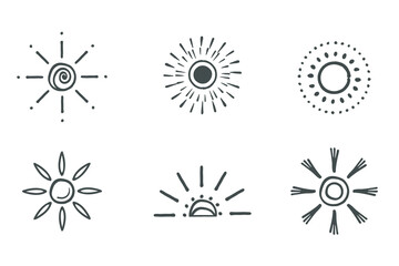 Sun symbol pictogram, hand drawn icon set, doodle black ink stroke, cartoon childish style, decorative isolated elements. Black and white vector