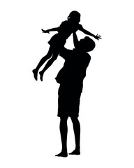 Father holding and lifting up his daughter black silhouette.