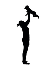A mom holds her child up into the air black silhouette.