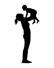 Fototapeta na wymiar Happy mom lifting her toddler son up vector silhouette.